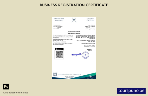 listo para imprimir Plantilla de certificado de registro de IVA de Omán Plantill
